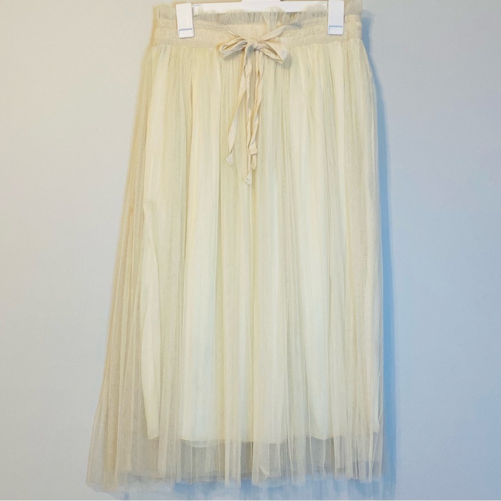 Double Zero Elegant Cream Tulle Midi Skirt with Double Ties